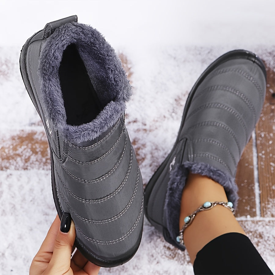 Ultra-warm winter boots - non-slip thick sole, boots with Arctic-Grade insulation, low heel, round toe, solid color minimalist design for outdoor hiking, Faux Cover, PVC sole, fabric lining, hiking boots, hiking shoes.