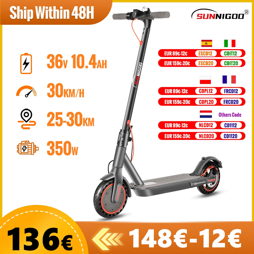 SUNNIGOO N7PRO 350W Adult Electric Scooter With APP 36V 10.4Ah Escooter 30km/h Kick Scooter Lightweight Long Range 30km Scooter