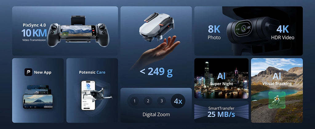 Potensic ATOM 2 Drone, 4K HDR Video, 8K Photo, 3-Axis Gimbal Camer, Under 249g, Vertical Shooting,10-KM, AI Night Shot, AI Track