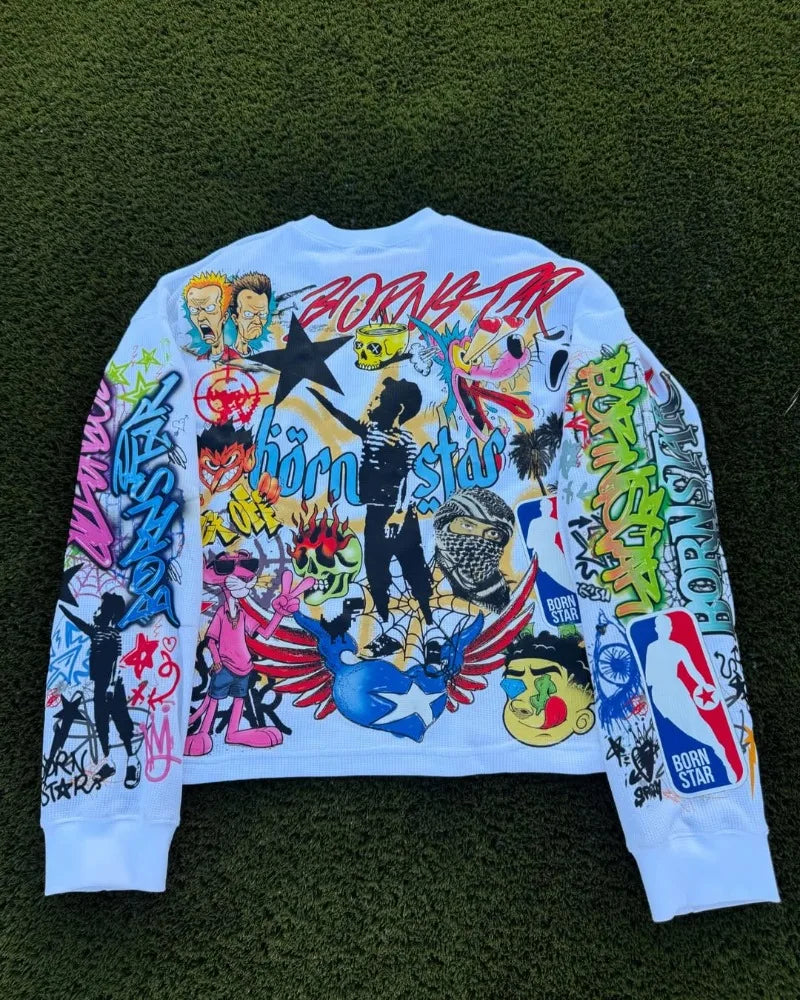 Harajuku Casual Hip-hop High Street Trendy Brand Oversized Long-sleeved Tops Men Y2k Gothpunk Animation Printed T-shirt Men