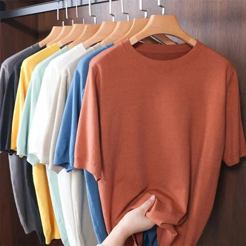 2025 Superfine Merino Wool T Shirt Men's Knitted O-neck Breathable Thin Cashmer Short Sleeve Tee Solid Color Tops