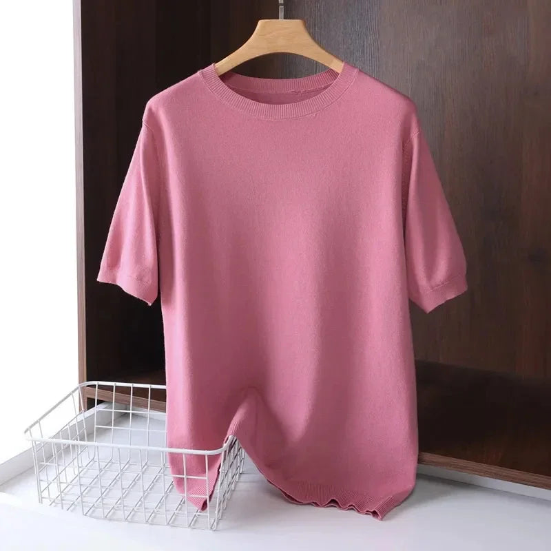 2025 Superfine Merino Wool T Shirt Men's Knitted O-neck Breathable Thin Cashmer Short Sleeve Tee Solid Color Tops