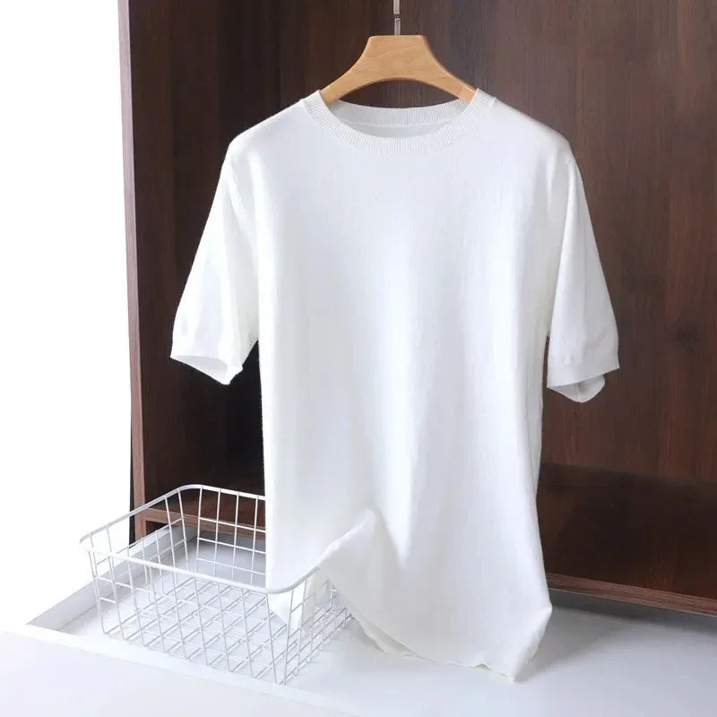 2025 Superfine Merino Wool T Shirt Men's Knitted O-neck Breathable Thin Cashmer Short Sleeve Tee Solid Color Tops