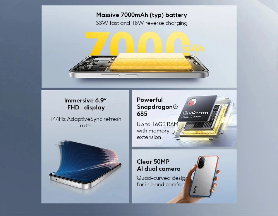 POCO M7 4G NFC 6GB/128GB 8GB/256GB Smart Cellphone 144Hz Display 7000mAh Battery Smartphone