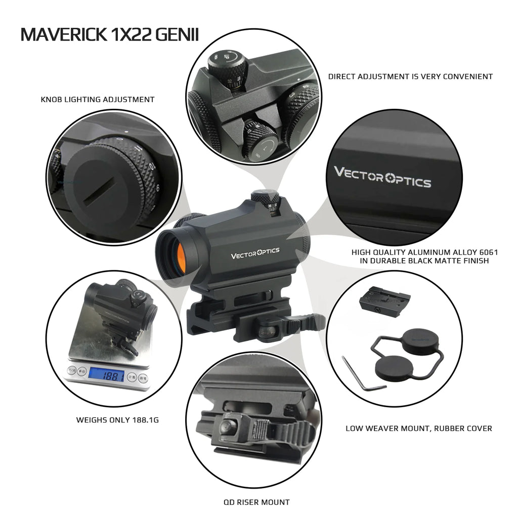 Vector Optics Maverick 1x22 GenII Red Dot Sight Compact with 3MOA Dot Size&11 Levels Dot Intensity For AR 15 AK .223 .308