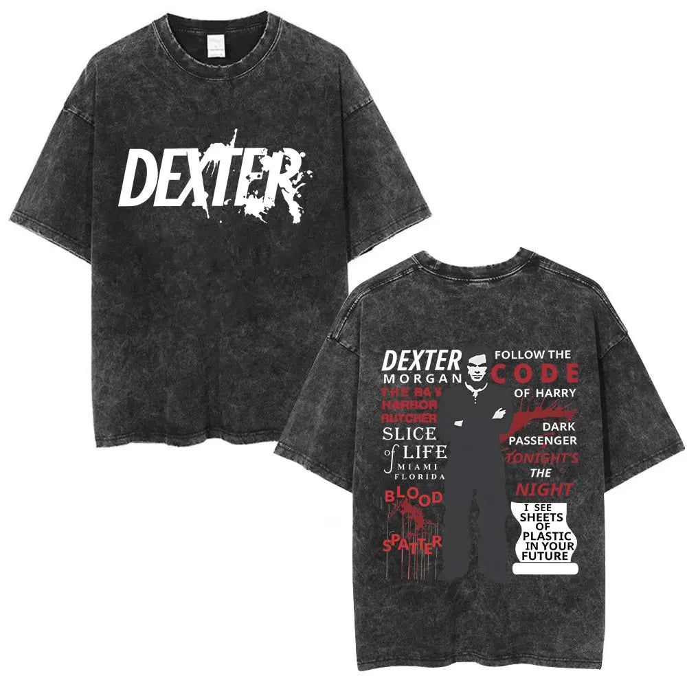 Washed Vintage TV Play Dexter Morgan Graphic T-shirt Men Women Casual Cotton Short Sleeve T-shirts Male Loose Oversized T Shirts