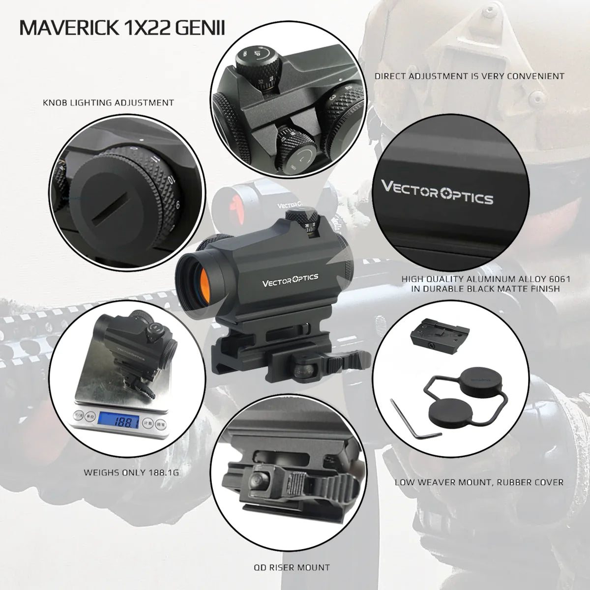 Vector Optics Maverick 1x22 GenII Red Dot Sight Compact with 3MOA Dot Size&11 Levels Dot Intensity For AR 15 AK .223 .308