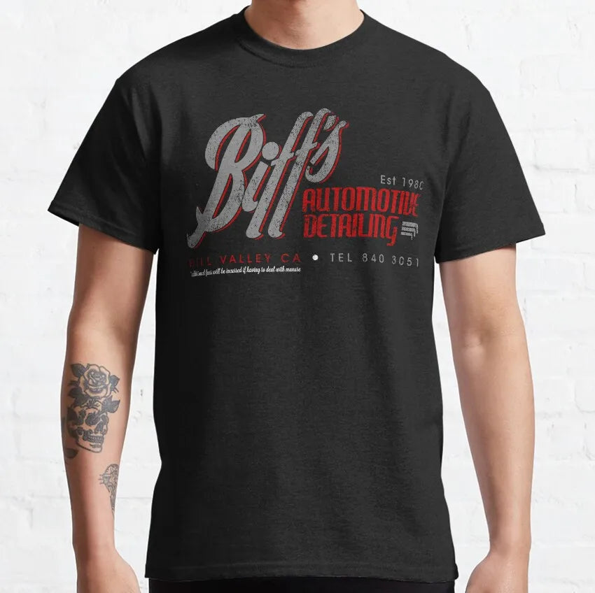 Back To The Future. Biff's Automotive Detailing Party Gifts T-Shirt  Pure Cotton printed Vintage Clothes Graphic plus size