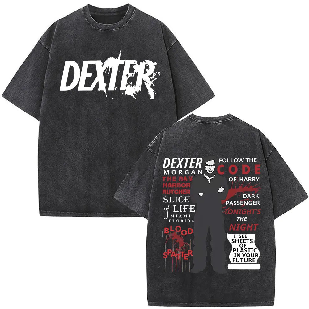 Washed Vintage Dexter Morgan Logo T-shirts Men Women Clothing Casual Oversized Short Sleeve T Shirt High Quality Cotton T-shirt