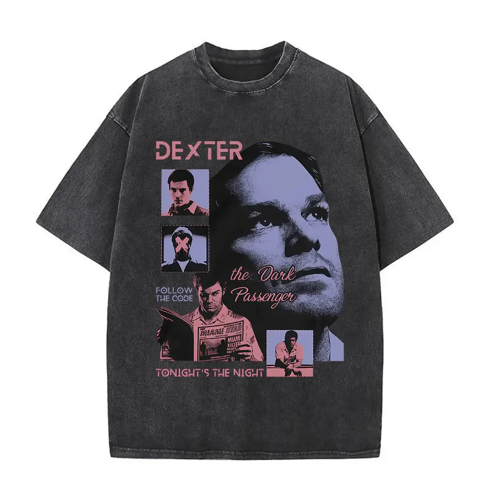 Washed Vintage TV Play Dexter Morgan Graphic T-shirt Men Women Casual Cotton Short Sleeve T-shirts Male Loose Oversized T Shirts