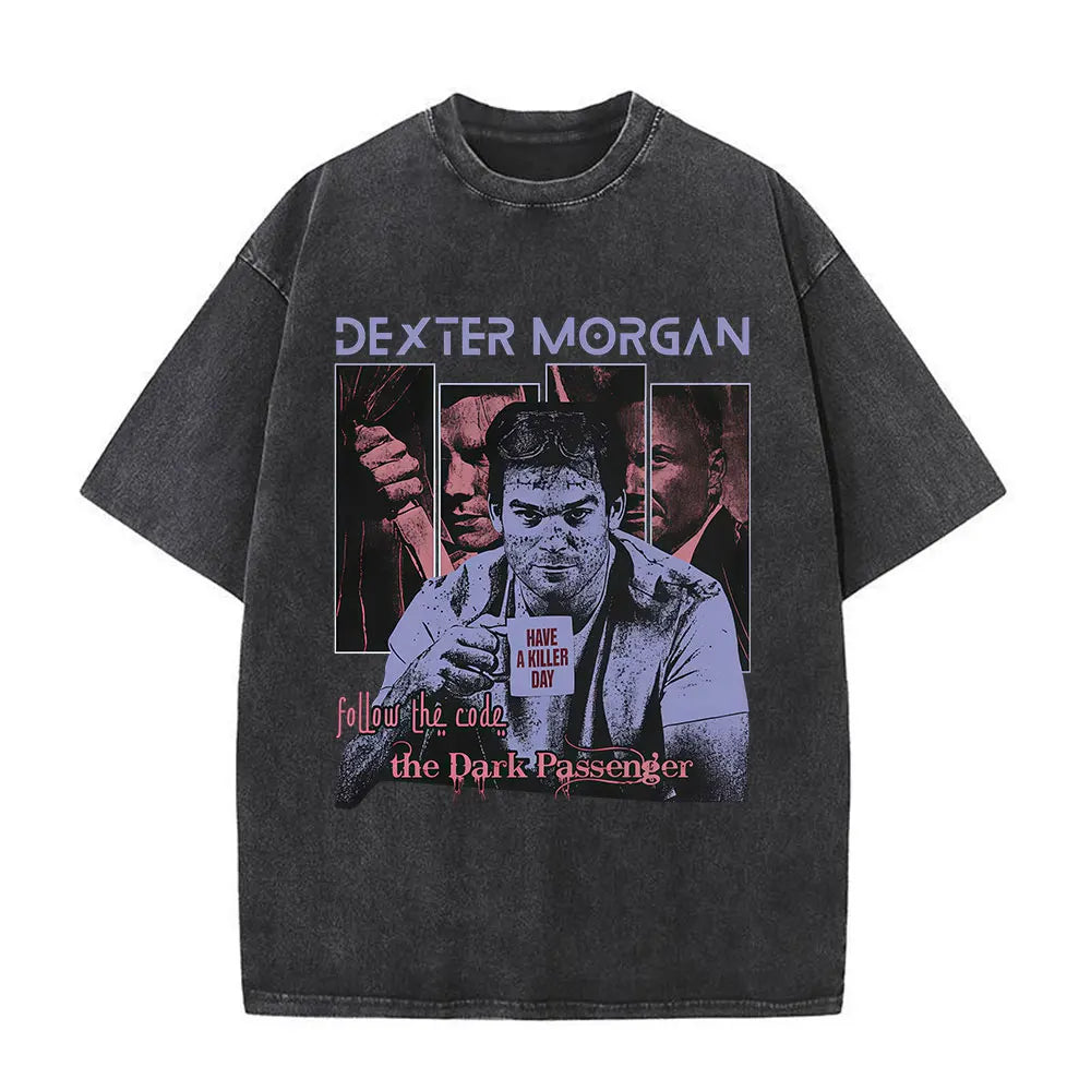 Washed Vintage Dexter Morgan Logo T-shirts Men Women Clothing Casual Oversized Short Sleeve T Shirt High Quality Cotton T-shirt