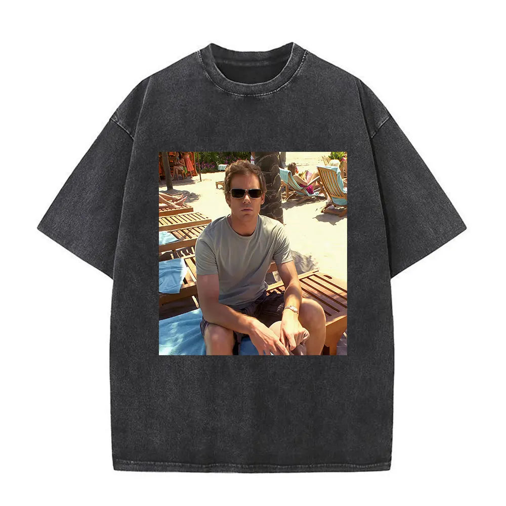 Washed Vintage Dexter Morgan Logo T-shirts Men Women Clothing Casual Oversized Short Sleeve T Shirt High Quality Cotton T-shirt