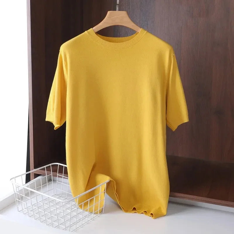 2025 Superfine Merino Wool T Shirt Men's Knitted O-neck Breathable Thin Cashmer Short Sleeve Tee Solid Color Tops