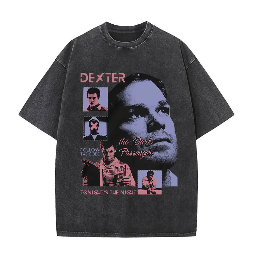 Washed Vintage Dexter Morgan Logo T-shirts Men Women Clothing Casual Oversized Short Sleeve T Shirt High Quality Cotton T-shirt