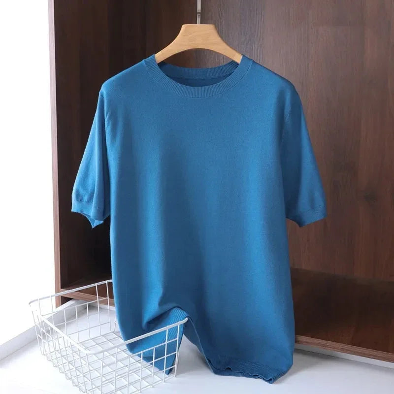 2025 Superfine Merino Wool T Shirt Men's Knitted O-neck Breathable Thin Cashmer Short Sleeve Tee Solid Color Tops