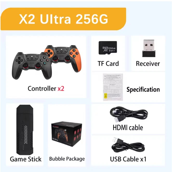 X2 Ultra Game Stick 256GB 60000+ Retro Games TV Handheld Game Console Wireless Gamepads Video Game HD Output for PS1 Nintendo