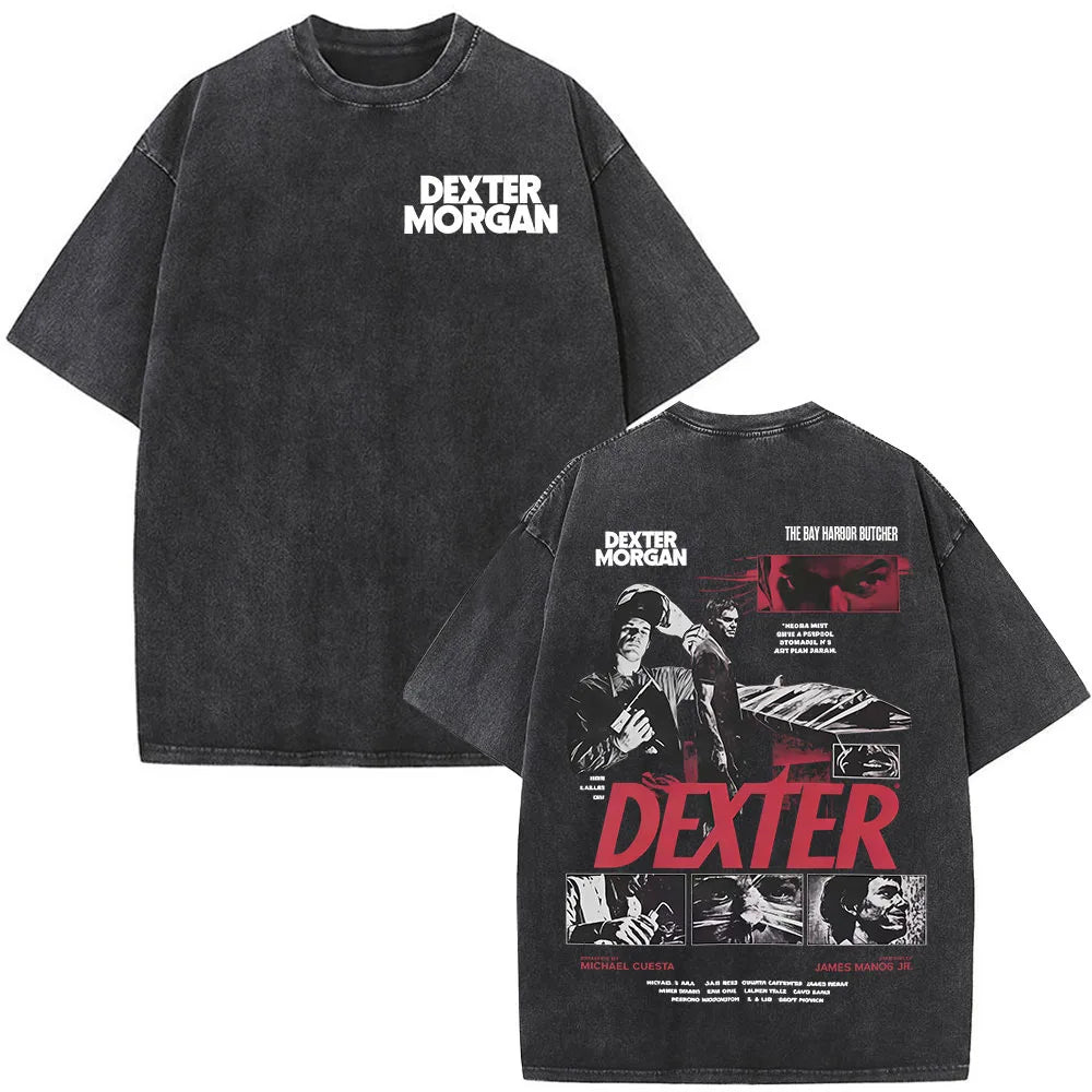 Washed Vintage Dexter Morgan Logo T-shirts Men Women Clothing Casual Oversized Short Sleeve T Shirt High Quality Cotton T-shirt