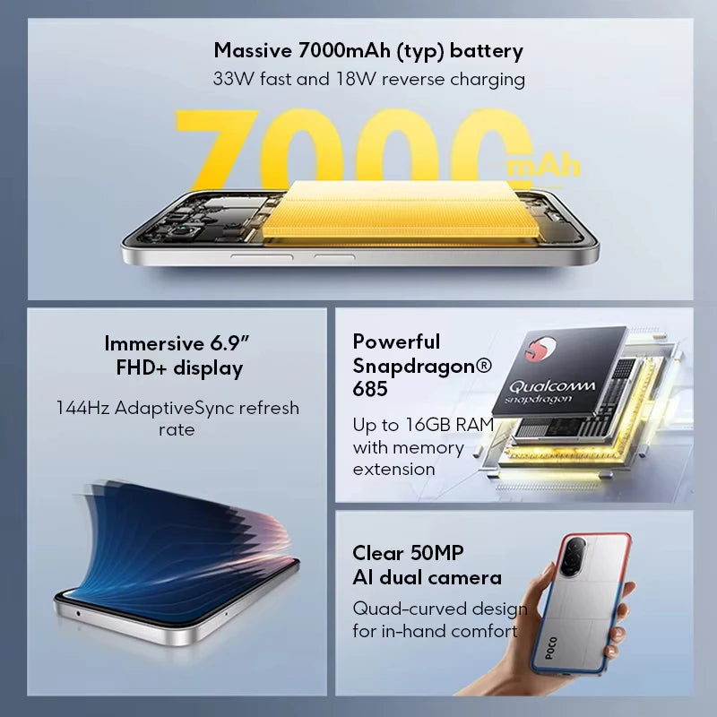 POCO M7 4G NFC 6GB/128GB 8GB/256GB Smart Cellphone 144Hz Display 7000mAh Battery Smartphone