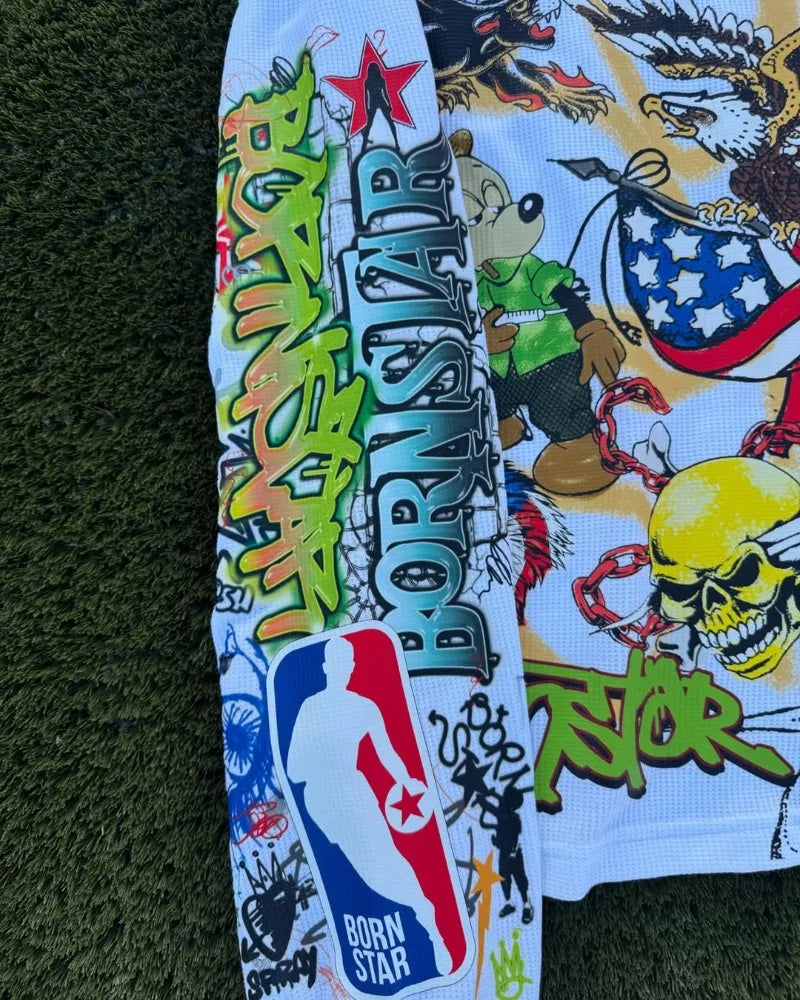 Harajuku Casual Hip-hop High Street Trendy Brand Oversized Long-sleeved Tops Men Y2k Gothpunk Animation Printed T-shirt Men