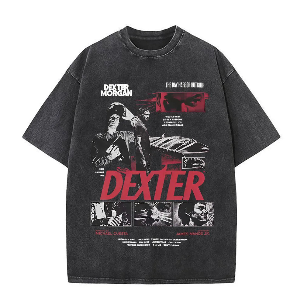 Washed Vintage Dexter Morgan Logo T-shirts Men Women Clothing Casual Oversized Short Sleeve T Shirt High Quality Cotton T-shirt