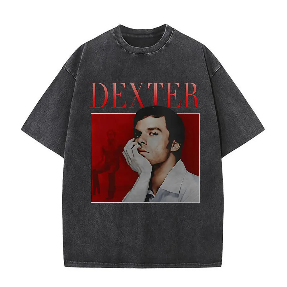 Washed Vintage Dexter Morgan Logo T-shirts Men Women Clothing Casual Oversized Short Sleeve T Shirt High Quality Cotton T-shirt