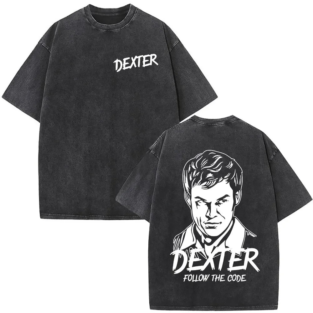 Washed Vintage TV Play Dexter Morgan Graphic T-shirt Men Women Casual Cotton Short Sleeve T-shirts Male Loose Oversized T Shirts
