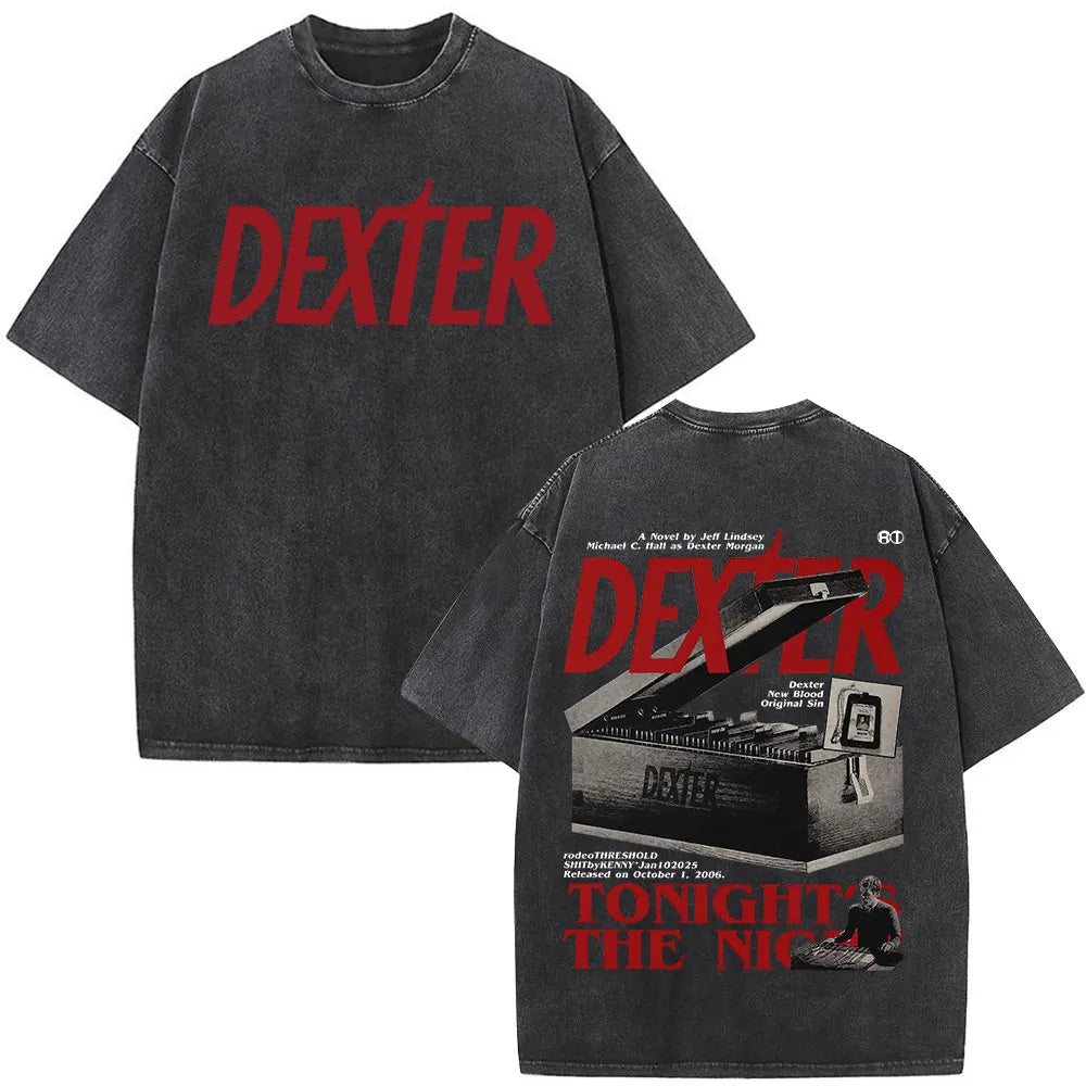 Washed Vintage Dexter Morgan Logo T-shirts Men Women Clothing Casual Oversized Short Sleeve T Shirt High Quality Cotton T-shirt