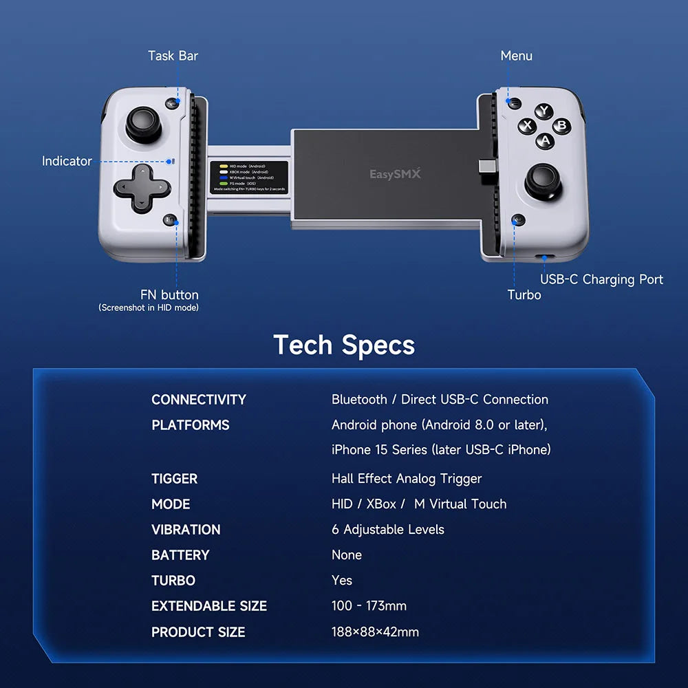 EasySMX M05 Type C Mobile Phone Controller Compatible with Android Phone/Cloud Gaming Xbox Game Pass/iPhone 15/16 Series/xCloud
