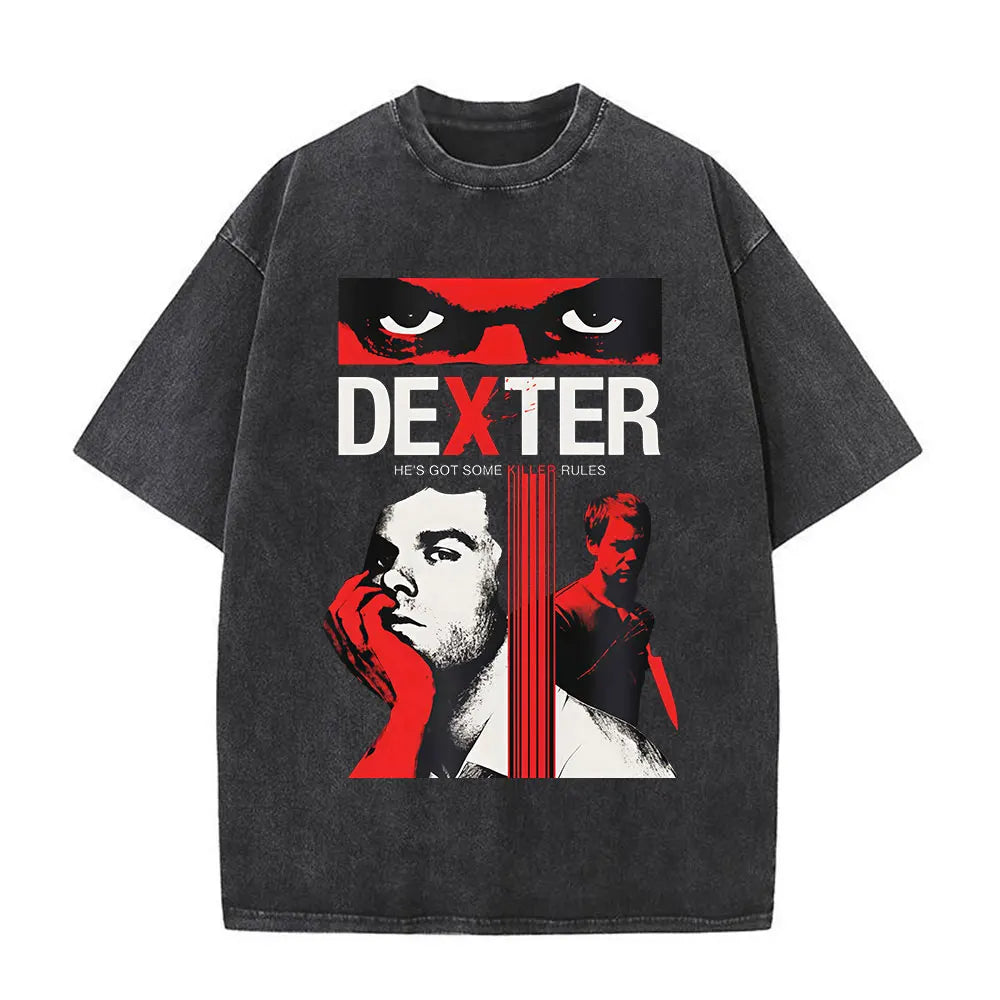 Washed Vintage Dexter Morgan Logo T-shirts Men Women Clothing Casual Oversized Short Sleeve T Shirt High Quality Cotton T-shirt