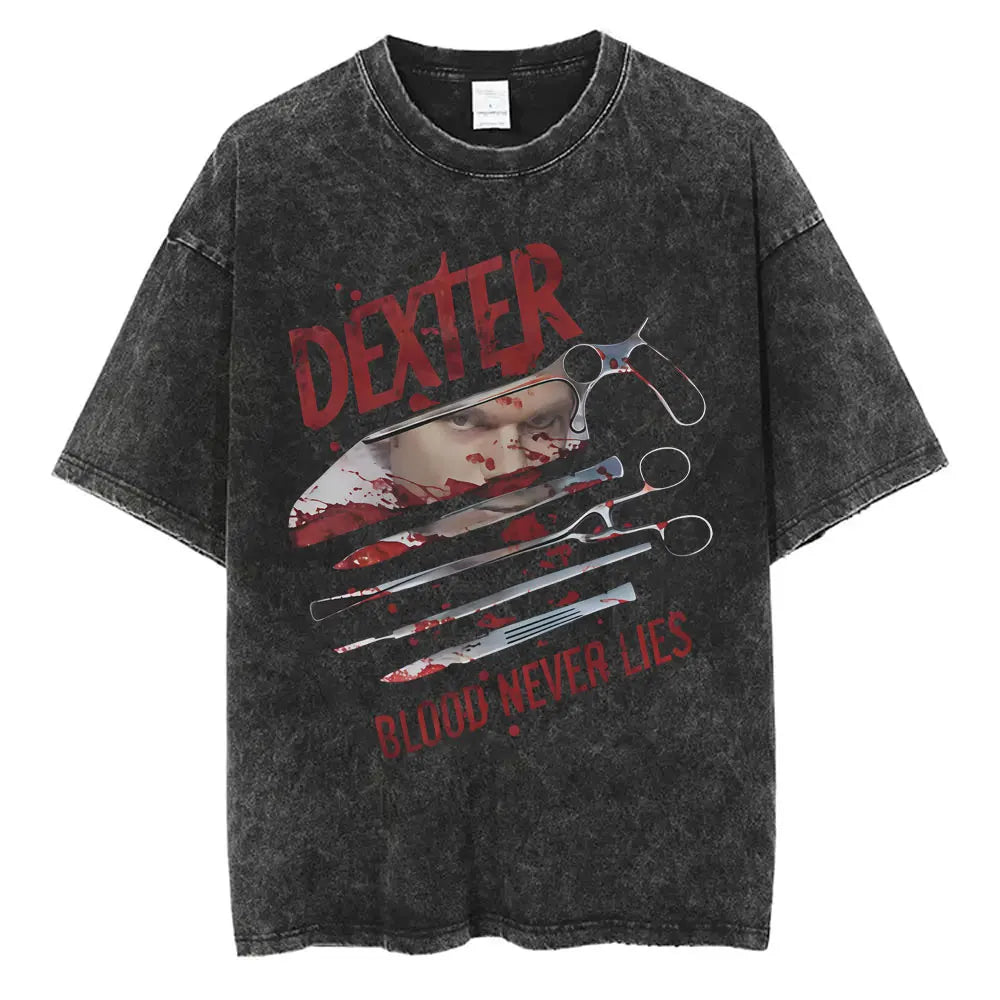 Washed Vintage TV Play Dexter Morgan Graphic T-shirt Men Women Casual Cotton Short Sleeve T-shirts Male Loose Oversized T Shirts