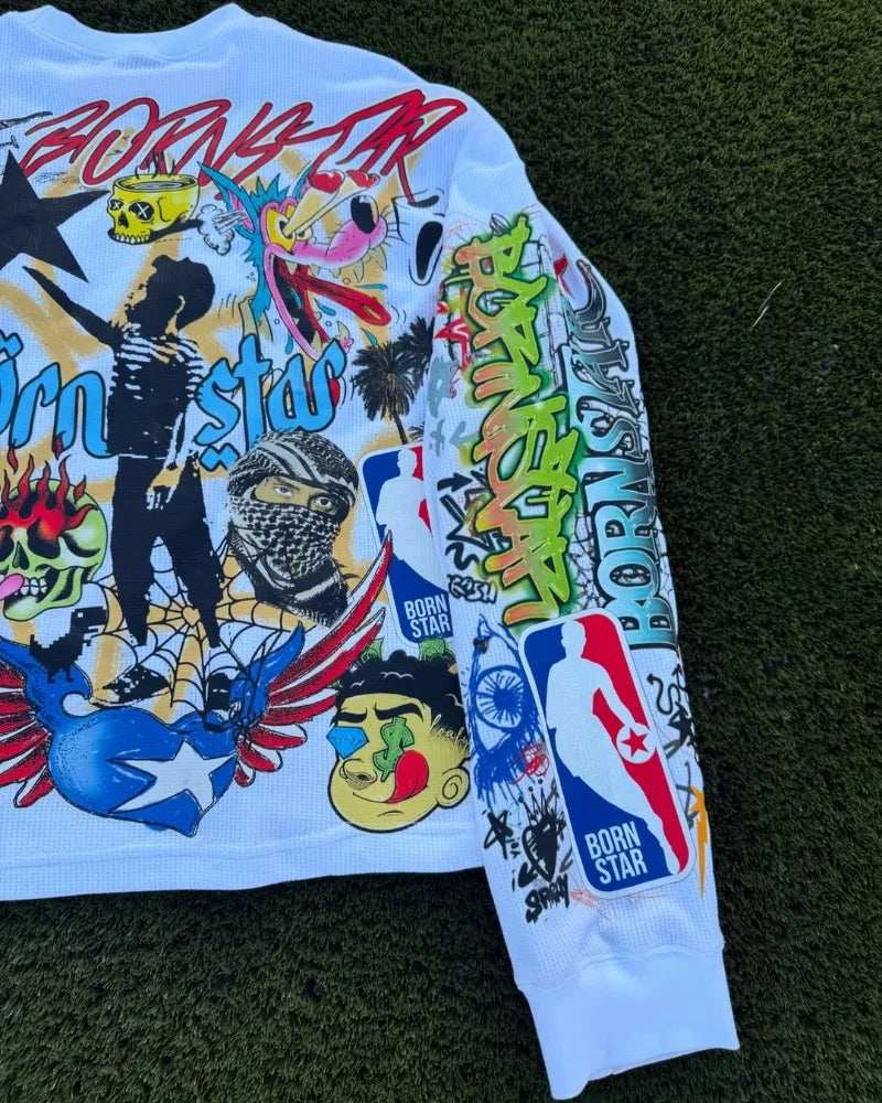 Harajuku Casual Hip-hop High Street Trendy Brand Oversized Long-sleeved Tops Men Y2k Gothpunk Animation Printed T-shirt Men