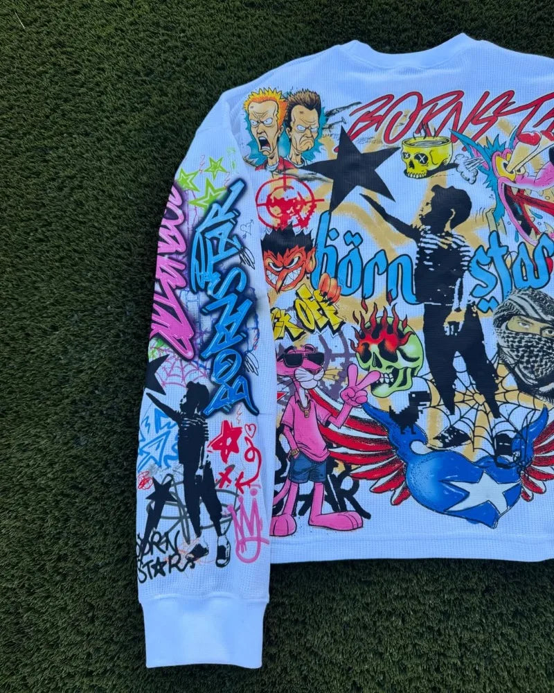 Harajuku Casual Hip-hop High Street Trendy Brand Oversized Long-sleeved Tops Men Y2k Gothpunk Animation Printed T-shirt Men