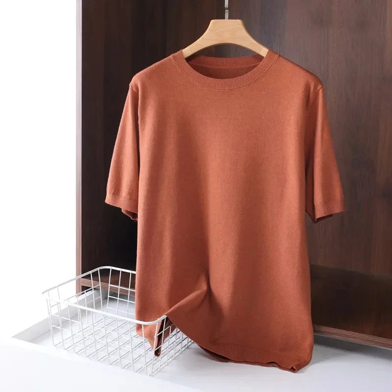 2025 Superfine Merino Wool T Shirt Men's Knitted O-neck Breathable Thin Cashmer Short Sleeve Tee Solid Color Tops