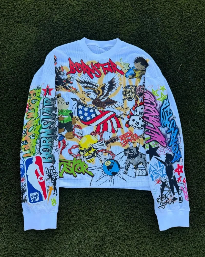 Harajuku Casual Hip-hop High Street Trendy Brand Oversized Long-sleeved Tops Men Y2k Gothpunk Animation Printed T-shirt Men