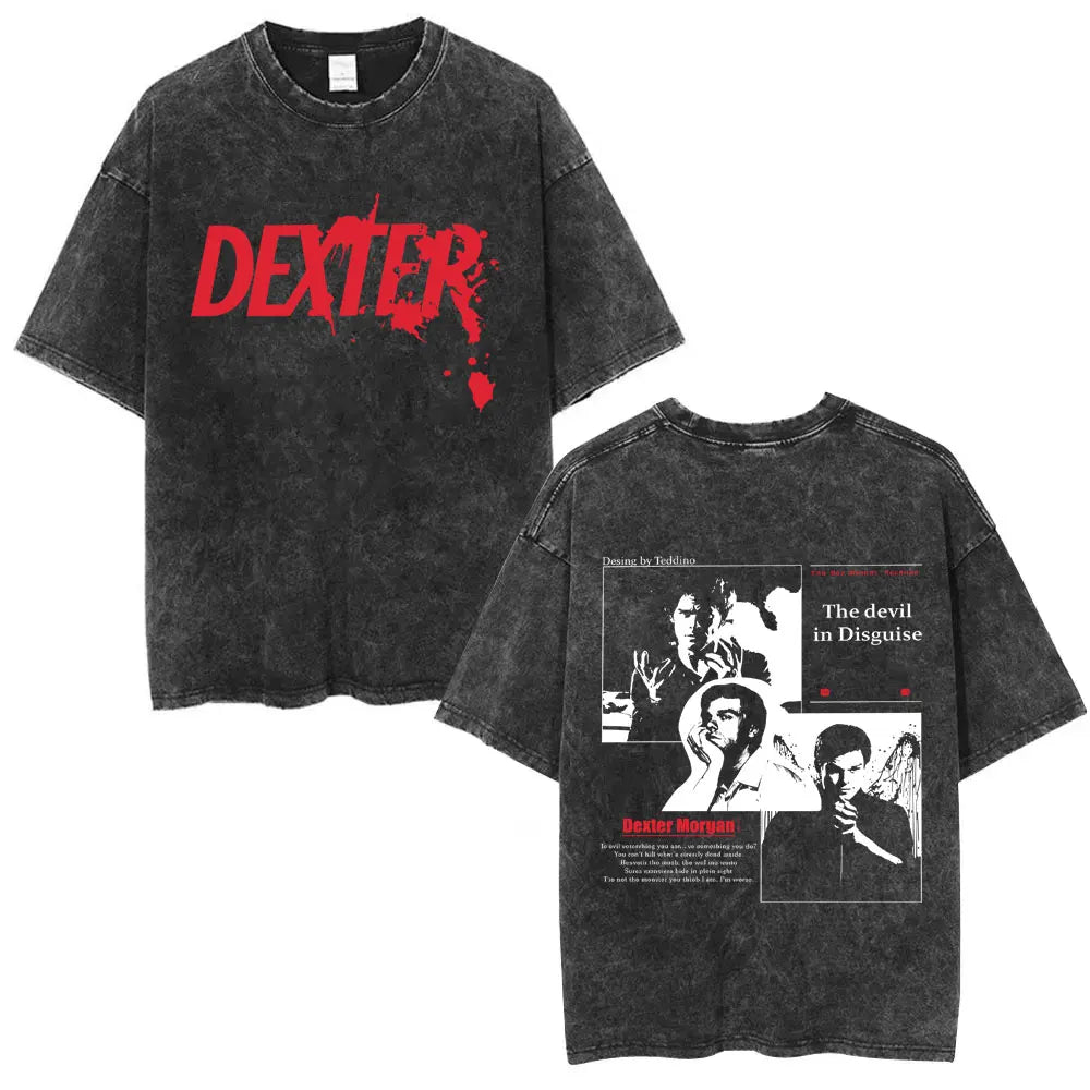 Washed Vintage TV Play Dexter Morgan Graphic T-shirt Men Women Casual Cotton Short Sleeve T-shirts Male Loose Oversized T Shirts