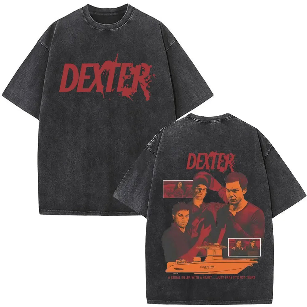 Washed Vintage TV Play Dexter Morgan Graphic T-shirt Men Women Casual Cotton Short Sleeve T-shirts Male Loose Oversized T Shirts