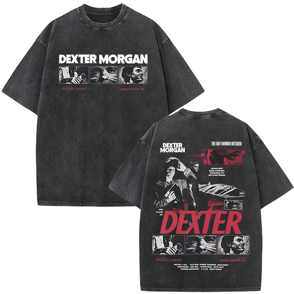 Washed Vintage Dexter Morgan Logo T-shirts Men Women Clothing Casual Oversized Short Sleeve T Shirt High Quality Cotton T-shirt