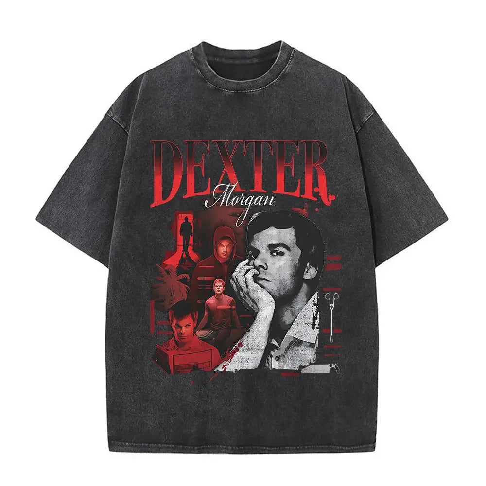 Washed Vintage TV Play Dexter Morgan Graphic T-shirt Men Women Casual Cotton Short Sleeve T-shirts Male Loose Oversized T Shirts
