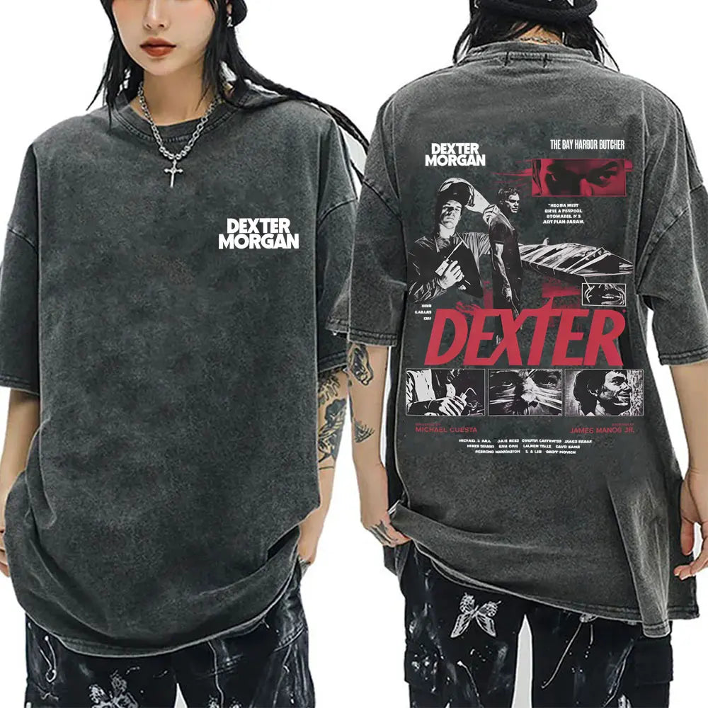 Washed Vintage TV Play Dexter Morgan Graphic T-shirt Men Women Casual Cotton Short Sleeve T-shirts Male Loose Oversized T Shirts