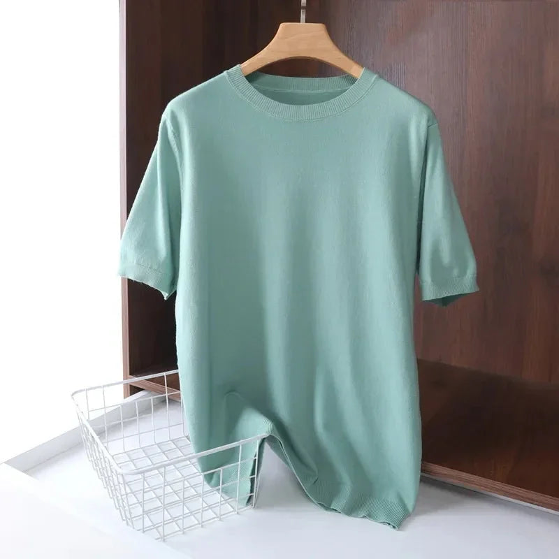 2025 Superfine Merino Wool T Shirt Men's Knitted O-neck Breathable Thin Cashmer Short Sleeve Tee Solid Color Tops